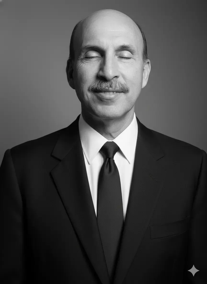 Portrait of Gonzalo Avelar — a serene blind psychologist in a dark suit.
